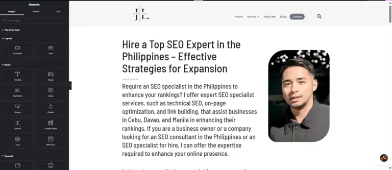 An SEO specialist optimizing on-page elements in Elementor, focusing on headings, meta tags, and content structure for improved website SEO.